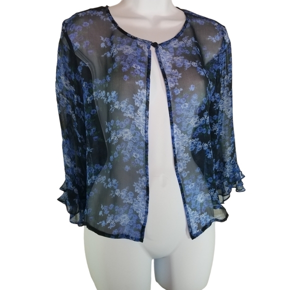 Vtg 90s y2k blue floral silk sheer cottagecore blouse - Picture 1 of 7